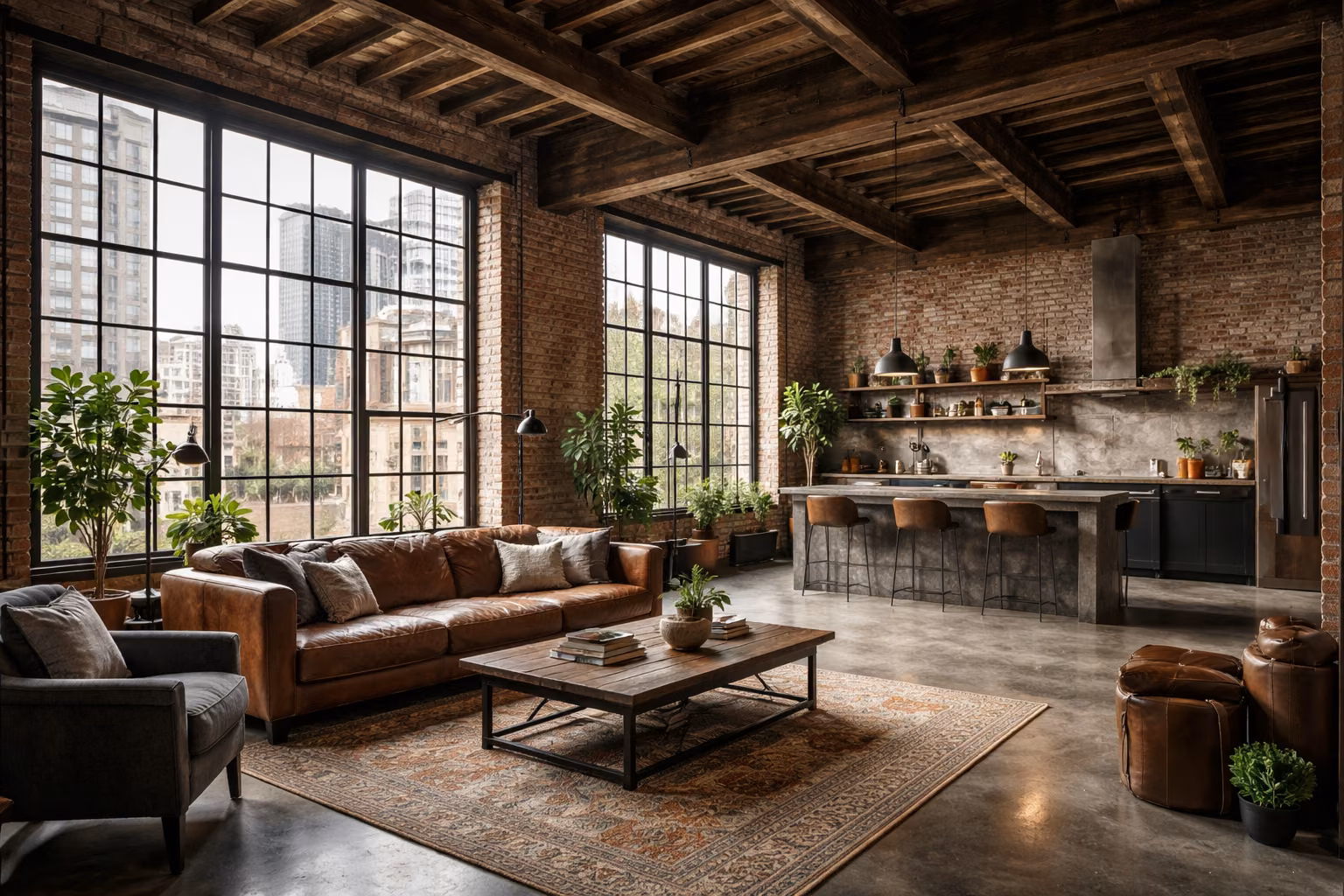 Industrial-Loft mit Sichtziegeln und Stahlfenstern