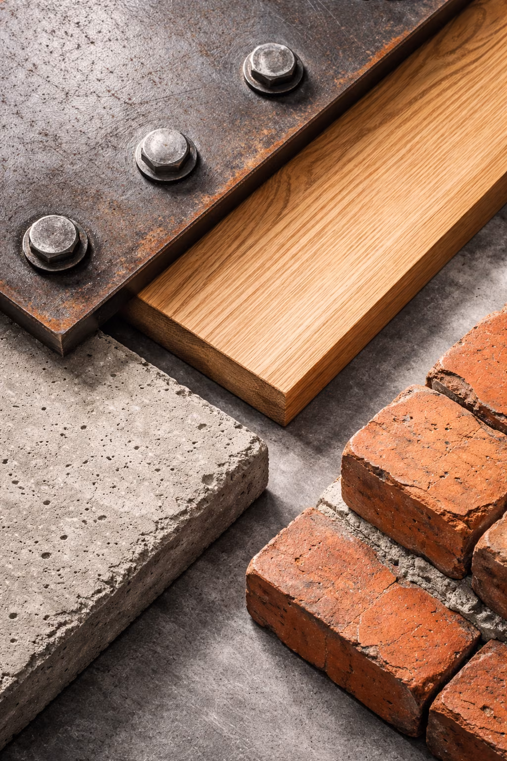 Industrial-Materialpalette: Stahl, Holz, Beton, Ziegel